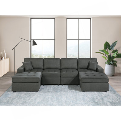 Contemporary Style Sectional Sofa Set RAF And LAF Chaise Armless Chairs Dorris Fabric Tufted Couch Pillows Living Room