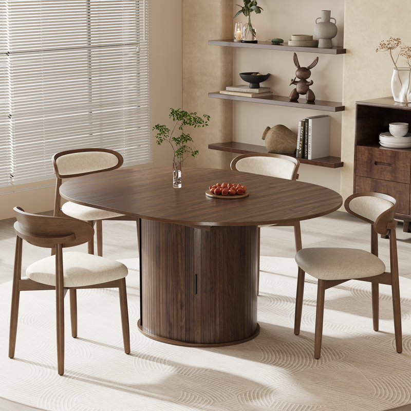 Ensemble de salle à manger 5 pièces avec table de rangement extensible intégrée et 4 chaises, Beige, Noyer