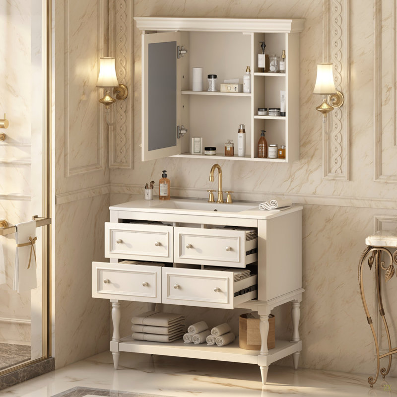 Meuble-lavabo de 36 po avec armoire à pharmacie, armoire à miroir moderne avec tablette réglable, armoire de rangement pour salle de bain à 4 tiroirs, armoire de rangement pour cadre de salle de bain en bois massif