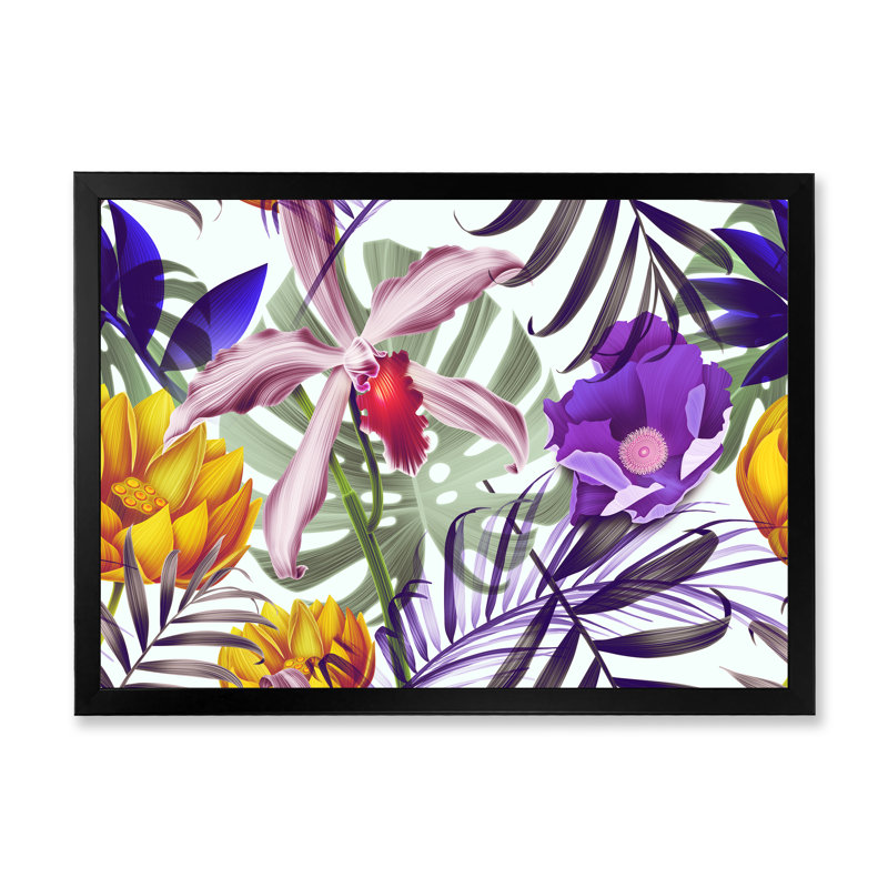 Fleurs tropicales rétro - Impression sur toile, H 12 po x l 20 po x p 1 po, Cadre photo noir