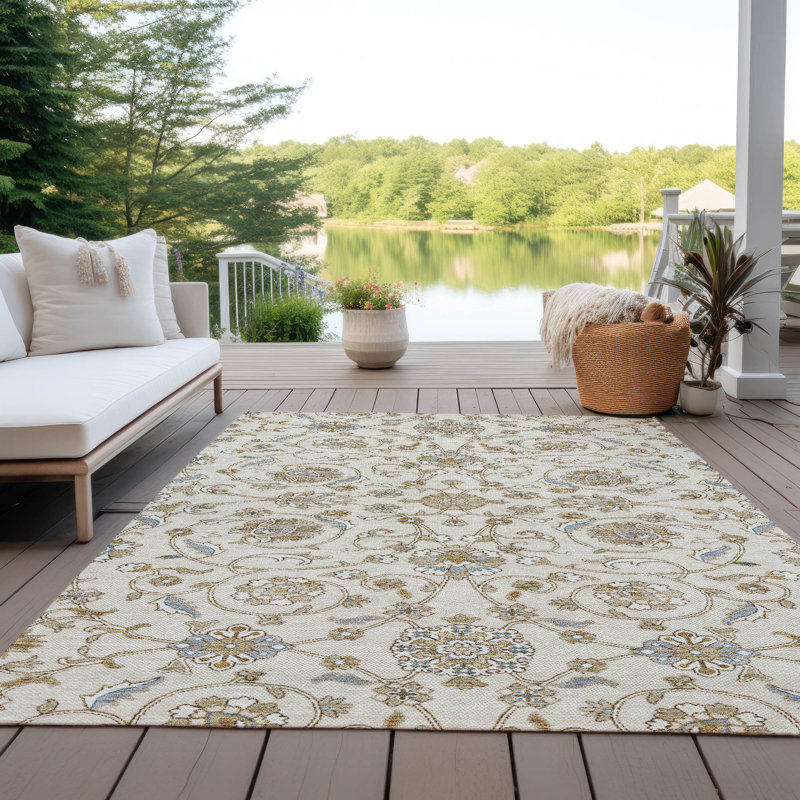 Ivory Rectangular Washable Synthetic Area Rug 3' x 5'