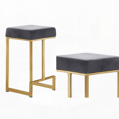Tabourets en velours noir sans dossier en métal avec base argentée (ensemble de 2)