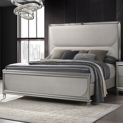 Upholstered LED Queen Size Bed With Acrylic Legs In Silver