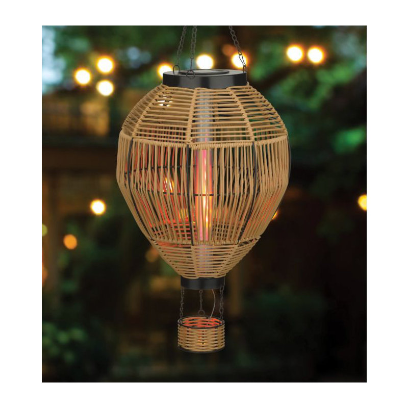 Wicker Hanging Solar Hot Air Balloon Lantern with Glass Panels and Metal Frame, 11.5" H x 11.5" W x 28.5" D