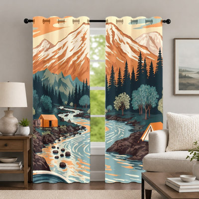 2Pcs Mountain and River Camping Curtains, Nature Landscape Print Curtain, Artistic Forest Scenery Theme Grommet Drapes, Window Treatment for Bedroom Living Room Decor