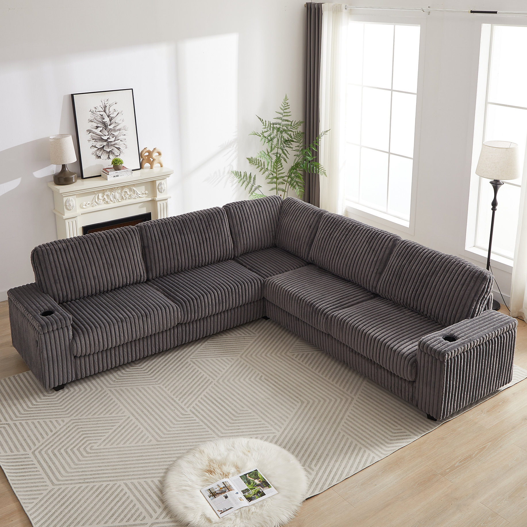Latitude Run® Grey Corduroy 5 Seat L Shaped Corner With Two Storage ...