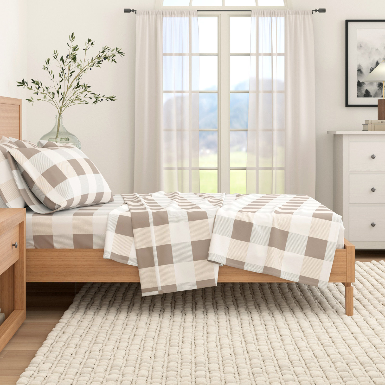 Raye Cotton Flannel Sheet Set, Twin with 1 Pillowcase, Buffalo Check - Soft Taupe / Pale Gray