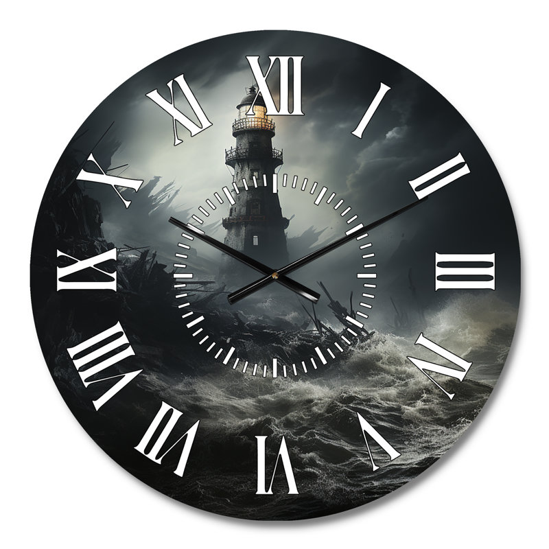 Horloge murale phare face aux vagues orageuses - usines, Médium