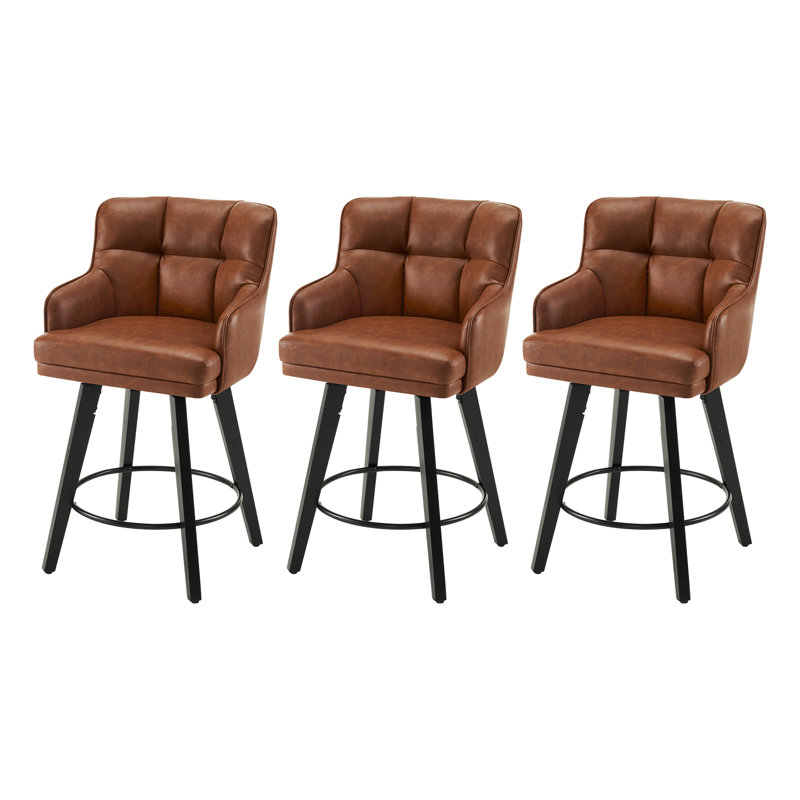 26''H Upholstered 360°Swivel Counter Height Bar Stools, Wood Legs Kitchen Island Chairs, Brown, 3