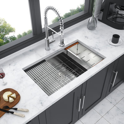 16 Gauge 30"X19"X10" Stainless Steel Undermount Kitchen Sink With Workstation Feature, Easy Drainage X-Shaped Design, R10 Corners For More Space, Condensation Coating And Noise-Reducing Pad, Comes