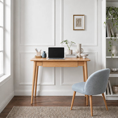 31"W MCM Solid Oak Writing Desk Tapered Angled Legs With Drawer 