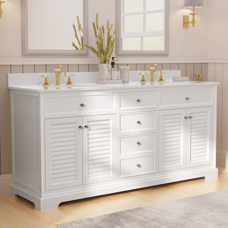 72" Double Banthroom Vanity with Marble Countertop Ceramic Sink and Shutters Doors, White