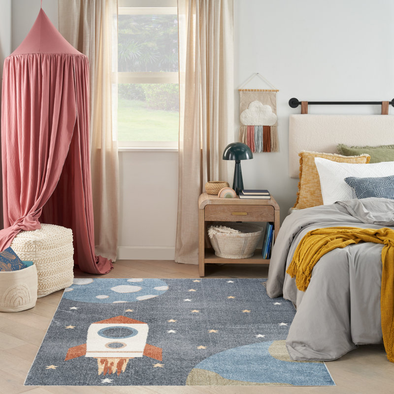 Astra Machine Washable  Graphic Sky Blue Rug, Rectangle 5'3" x 7'