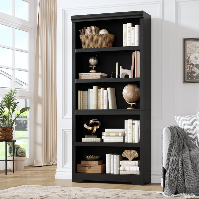 5-Tier Farmhouse Bookcase with Adjustable Shelves, Floor Standing Open Display Storage Rack, Anti-Slip Design, Black