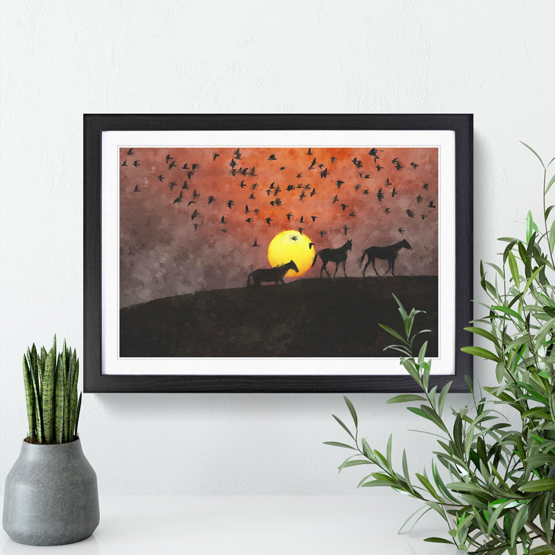 Birds and Horses at Sunset - Picture Frame Painting, 48cm H x 65cm W x 2cm D, Black Framed