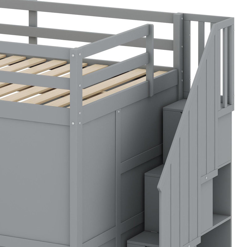 Lit mezzanine avec garde-robe, bureau et tablettes, Gris