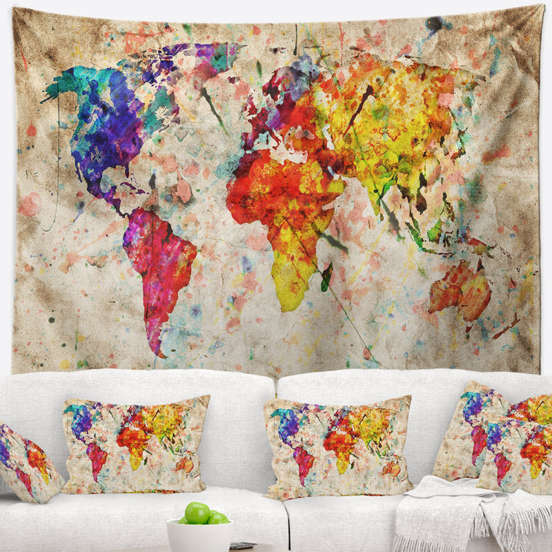 Tapisserie aquarelle "carte du monde rétro, H 32 po x l 39 po