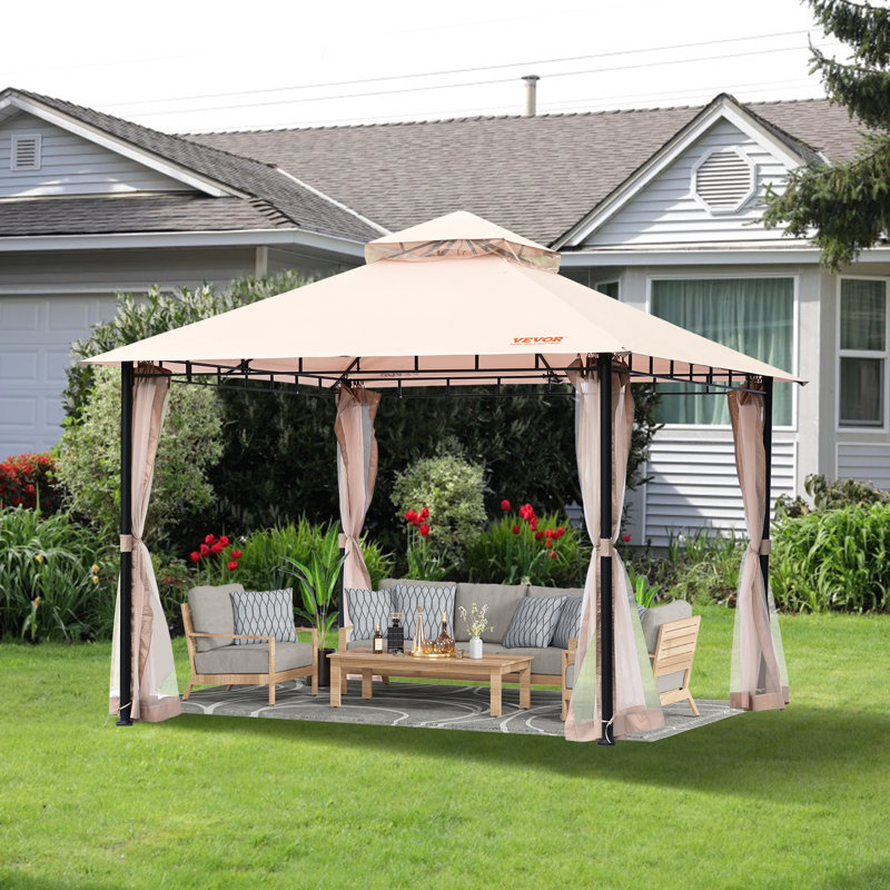 Beige Polyester 10x10 ft Patio Gazebo with Mosquito Net and Metal Frame