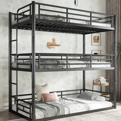 Lit superposé simple au-dessus de métal en noir, fabrication silencieuse et assemblage facile pour les espaces invités Noir triple de dimensions, avec des rails pleine longueur pour un sommeil tranquille