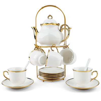 Service à thé 20 pièces en porcelaine avec support en métal, service à thé en céramique européen pour adultes, service à thé café, soucoupe tasse à thé française pour fête avec bordure dorée (blanc français)