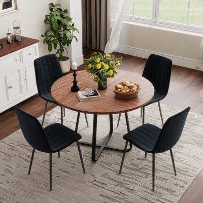 Ensemble de table de salle à manger de 43,3 po pour 4 à 6 personnes, plateau en panneau de fibres à densité moyenne, base en métal en forme de X, chaises à rayures verticales en velours, ensemble de salle à manger de cuisine moderne, assemblage fac