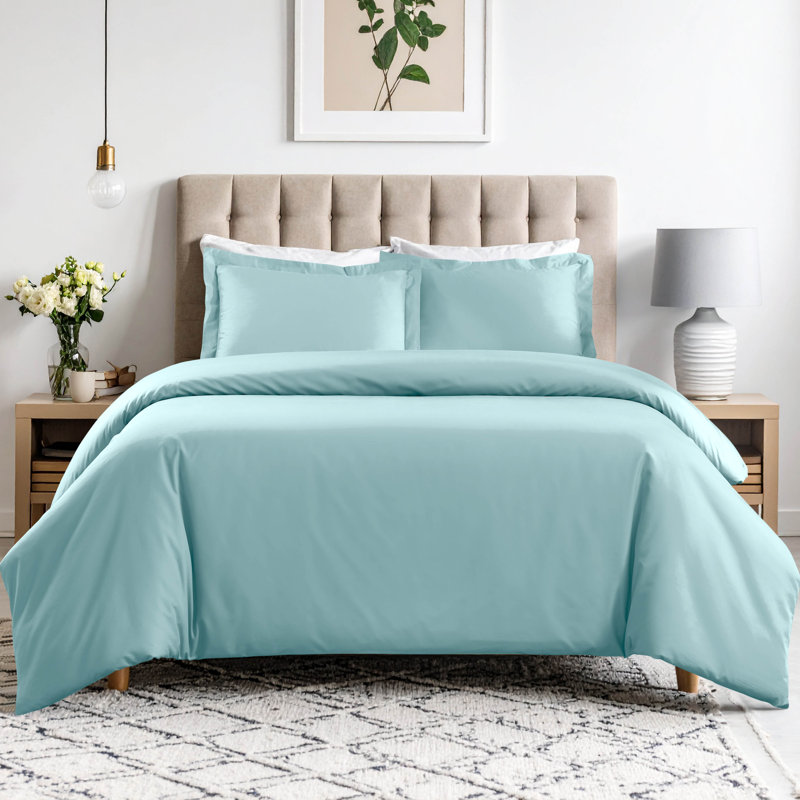 Ensemble de housse de couette 600 fils Aniello, Housse de couette simple + 1 taie décorative stan, Bleu clair