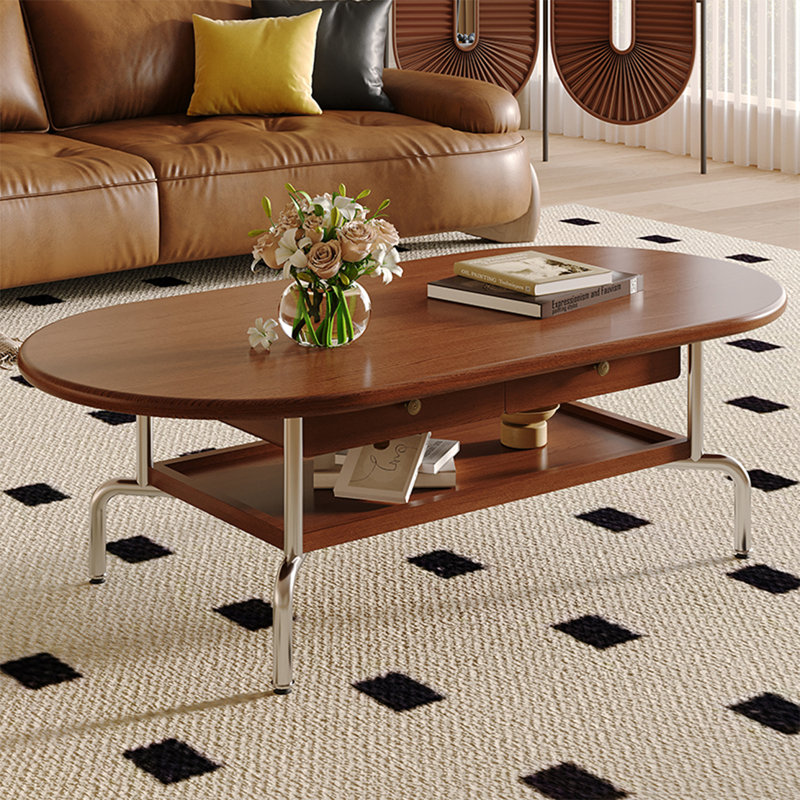 Simple oval-shaped solid wood coffee table, 17.7" H x 47.2" L x 23.6" W