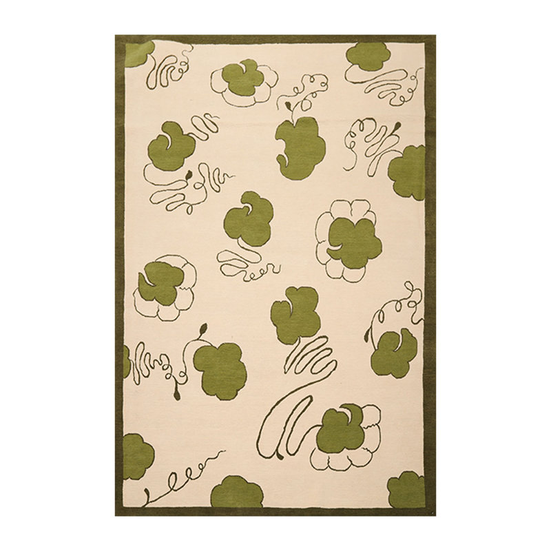 Tapis beige / vert en laine noué à la main de conception unique 6 pi x 9 pi Demi-Lee