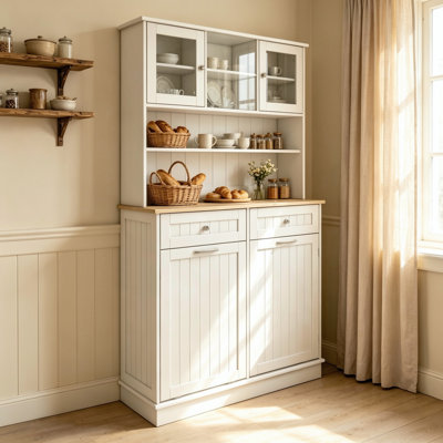 Meuble de rangement pour poubelle inclinable blanc de 172 cm de haut, meuble de cuisine autoportant avec 2 tiroirs et 3 étagères réglables, meuble multifonctionnel pour la cuisine, la salle à manger et le salon