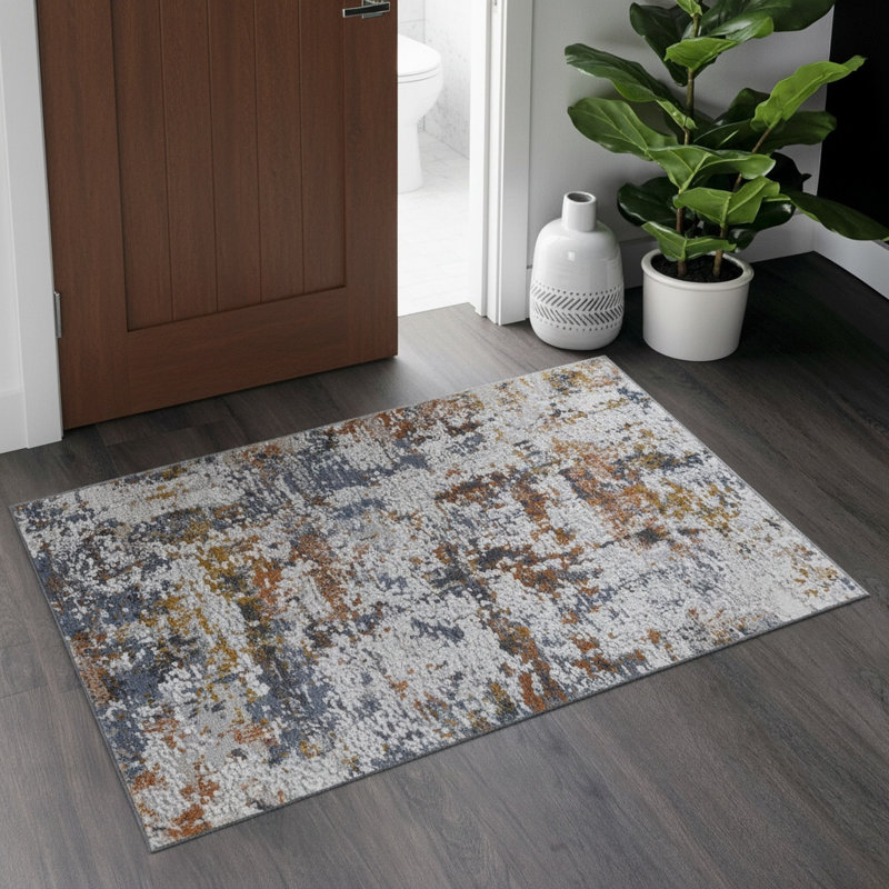 Tapis paillasson à motif abstrait ivoire / bleu Payas, Rectangulaire 2 pi x 3 pi