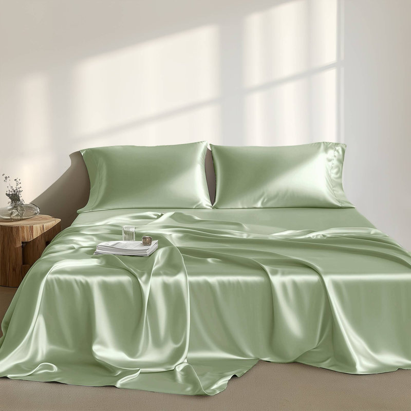 Satin Sage 100% Satin Luxury Wrinkle Resistant 4-Piece Twin Sheet Set, Twin Sheet Set + 2 Standard Pillowcases, Sage