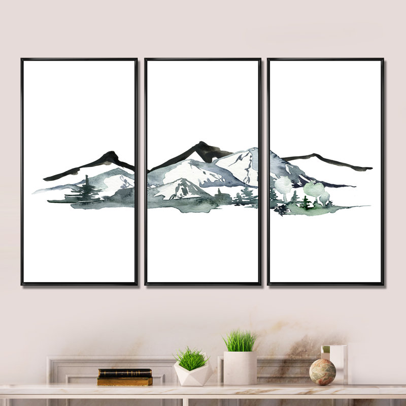 «Minimalistic Winter Mountains And Fir Forest I», peinture sur toile 3 pièces, Noir, H 28 po x l 36 po
