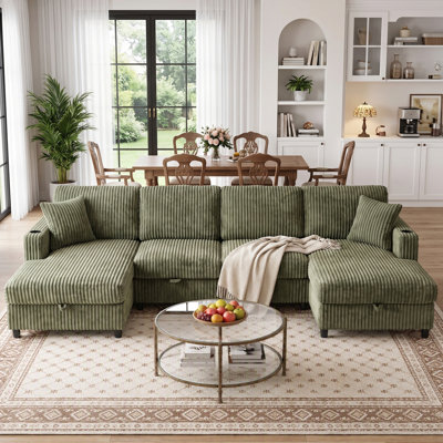 122" Symmetrical Corduroy U-Shaped Sectional with 2 Chaises and Under-Seat Storage​