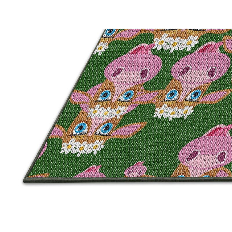 Rose Dahl/Tapis décoratif vert, Rectangle 7 pi x 10 pi