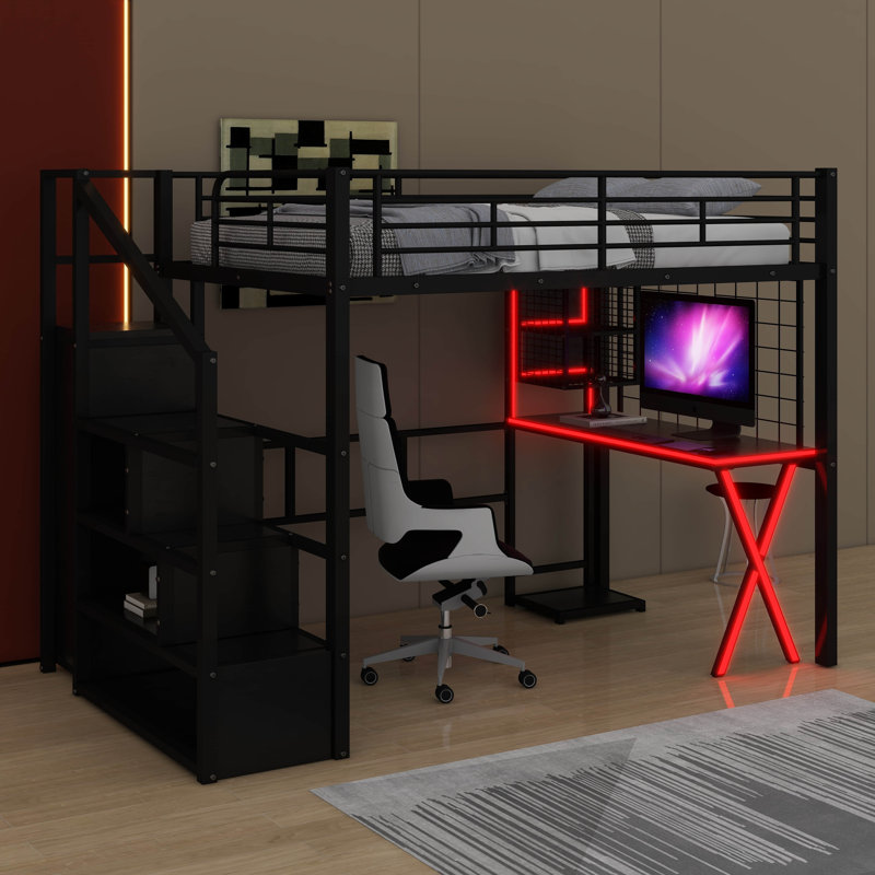 Lit mezzanine double en métal avec bureau, garde-robe, escalier de rangement et DEL, Noir