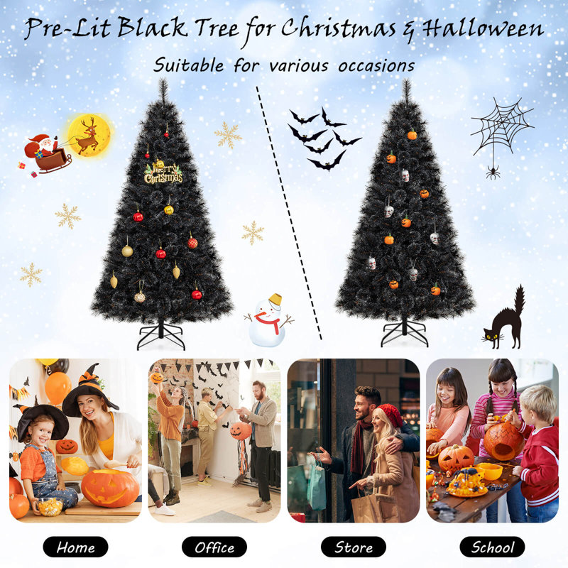 Arbre d'Halloween 7 pi avec 572 branches et aiguilles de pin givrées 320 lumières DEL blanches, 7'