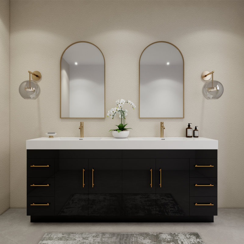 84" Double Bathroom Vanity Set with Drawers and Doors, Glossy Black