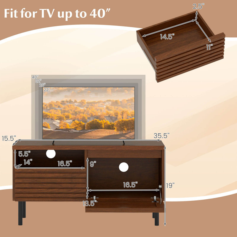 Mid Century Fluted TV Stand for 40" TV Console Table with Open Compartment
