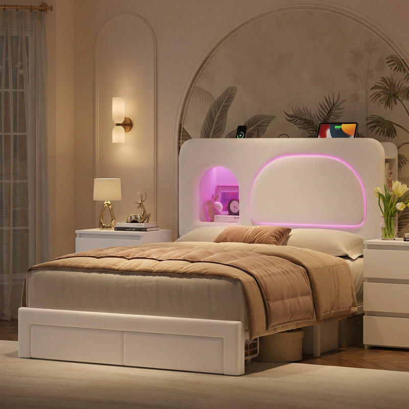 3-Piece Bedroom Sets, Arch Upholstered Storage Bed With Charging Port, Full, White