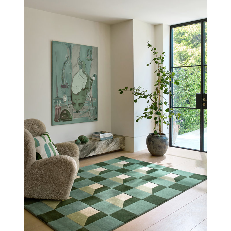 Hand Tufted Wool Geometric Area Rug in Fern/White, Rectangle 6'7" x 9'2"
