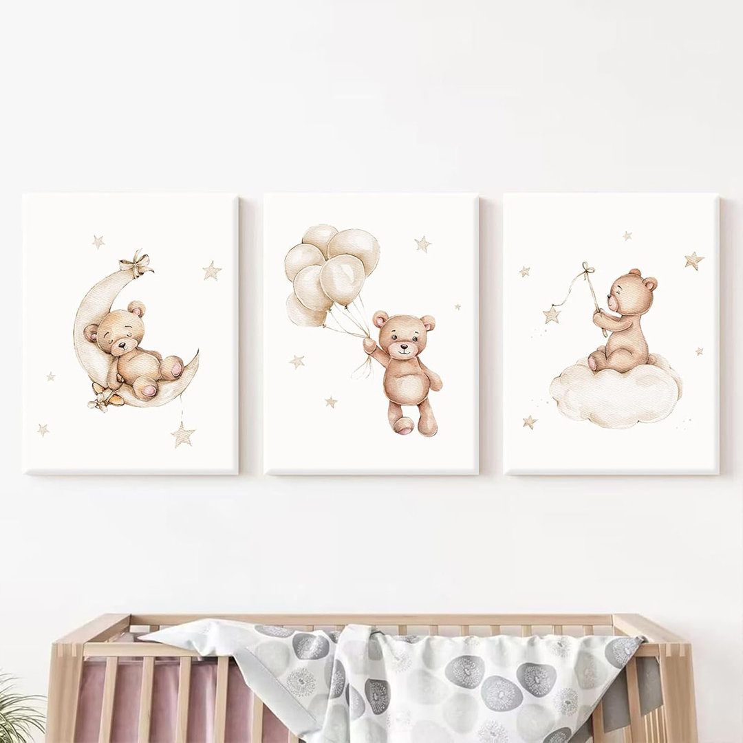 Bear Nursery Wall Art Decor Set of 3 Teddy Bear Canvas Wall Art Baby Boy Nursery Decor Prints Neutral Pictures Moon Star Cloud Print for Girls Childre