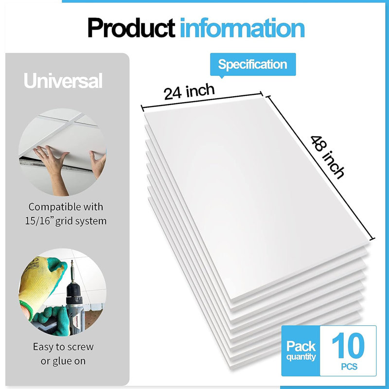 10Pcs 2 ft. x 4 ft. Drop-in PVC Rectangle Ceiling Tile,Smooth Wall Paneling (80 Sq.ft./Case), White