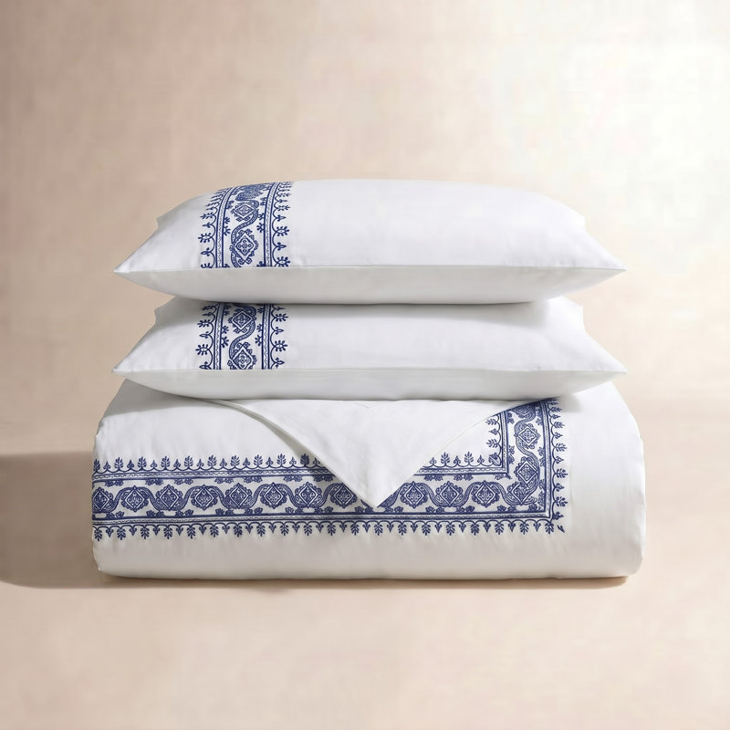 Frankton Embroidered Cotton Traditional 3 Piece Duvet Cover Set, King, Blue/White