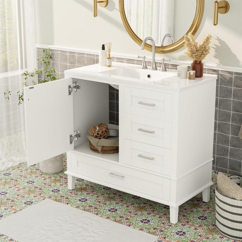 Meuble-lavabo blanc 36 po avec cadre en pin massif, porte à fermeture en douceur et 3 tiroirs pour un rangement moderne