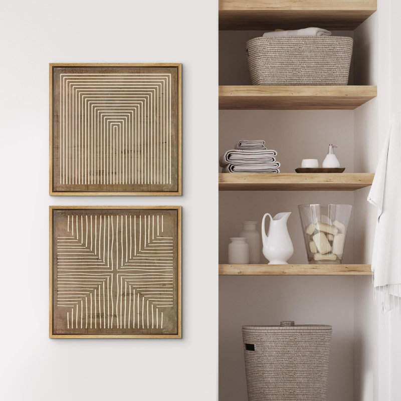 Geometric Line Pattern Wall Decor - Minimalist Neutral Abstract Artwork - Framed Canvas Master Bedroom Wall Art Work 2 Pieces Print