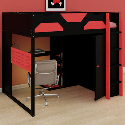 Lit mezzanine contemporain en bois avec bureau, garde-robe, tablettes de rangement, éclairage RVB et USB