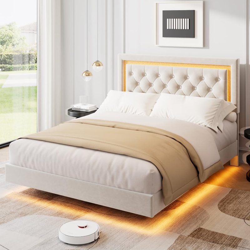 Full Size Floating Bed Frame Upholstered Platform with Smart Led Lights & Diamond Headboard, Solid Wood Slats Support, No Box Spring Needed, White