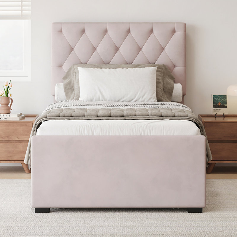 Lit plateforme tapissier simple en velours avec lit gigogne et tête de lit capitonnée réglable, Rose
