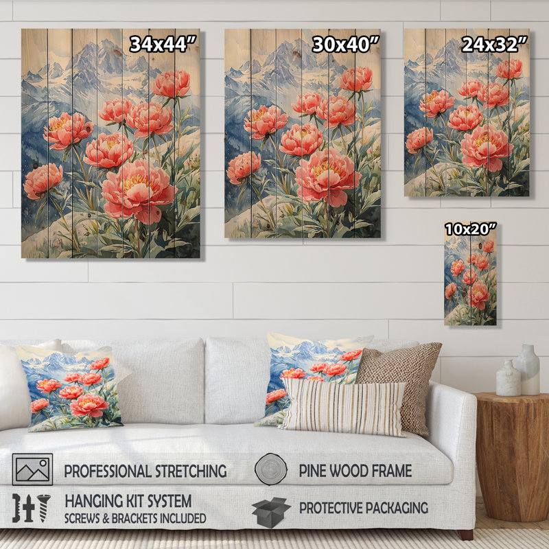 Pivoines et pics d'été Mountain I - Décoration murale en bois de pivoines - sur bois de pin naturel