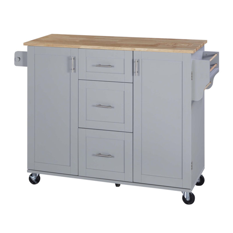 Rolling Kitchen Island with Storage, Rubber Wood Top, 3 Drawers, 2 Slide-Out Shelves, and Internal Racks for Optimal Organization and Mobility